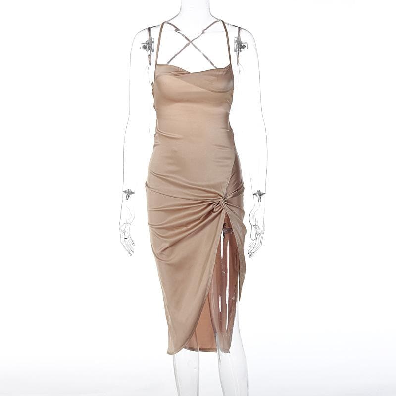 Sleeveless cross back cowl neck slit lace up self tie midi dress - View 2