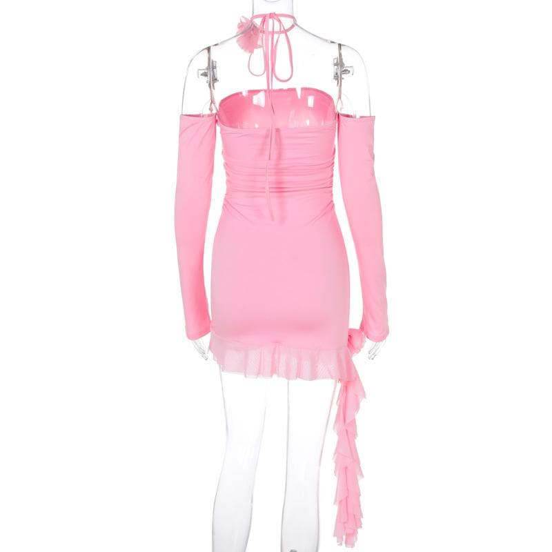 Off Shoulder Long Sleeve Ruched Ruffle Hem Bodycon Mini Dress - View 4