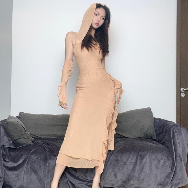 Sleeveless solid mesh slit gloves hoodie midi dress - View 8