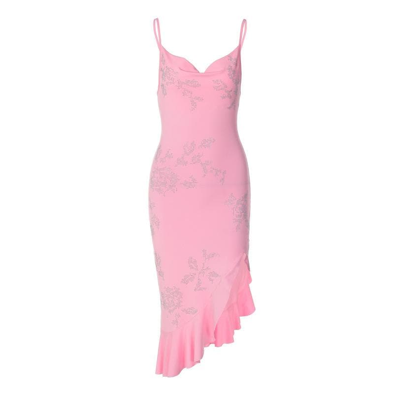 Beaded ruffle slit cowl neck backless irregular cami mini dress - View 2