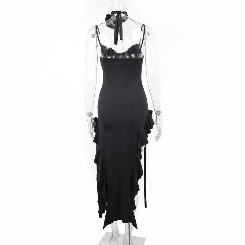Spaghetti Strap Sweetheart Bustier Ruffle High Split Maxi Dress - View 9