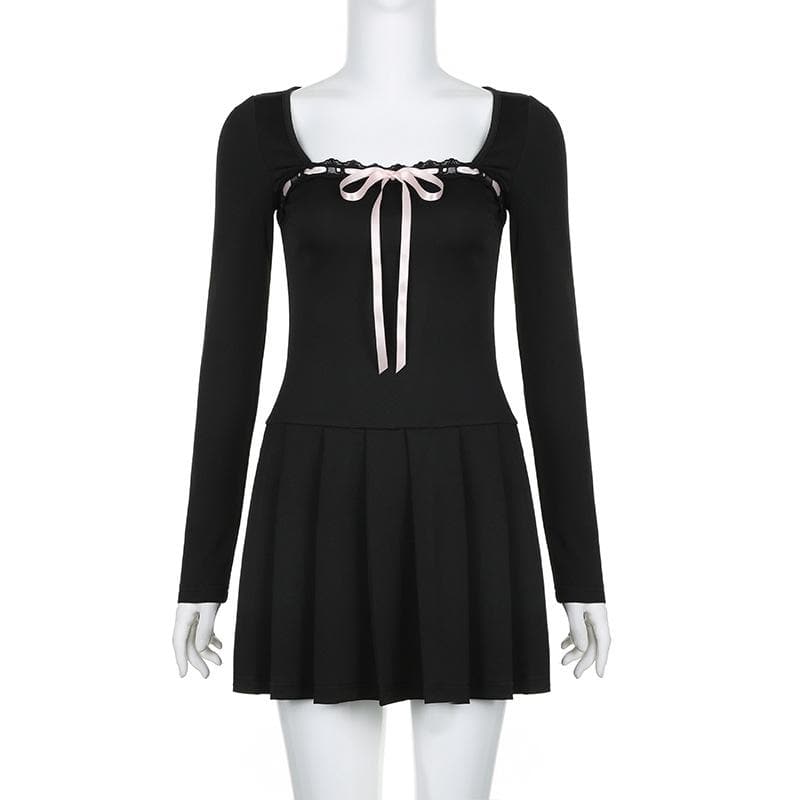 Lace hem square neck contrast long sleeve pleated mini dress - View 9