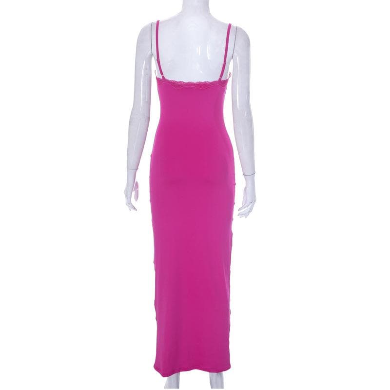 Lace hem square neck solid backless cami maxi dress - View 8