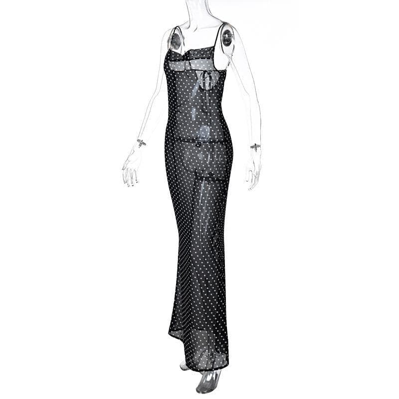 Cowl neck polka dot mesh see through maxi dress - View 3