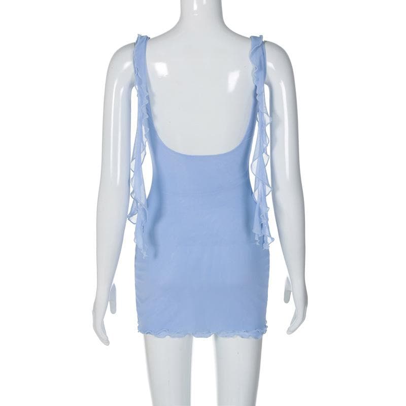 Square neck sheer mesh backless ruffle ribbon solid mini dress - View 9