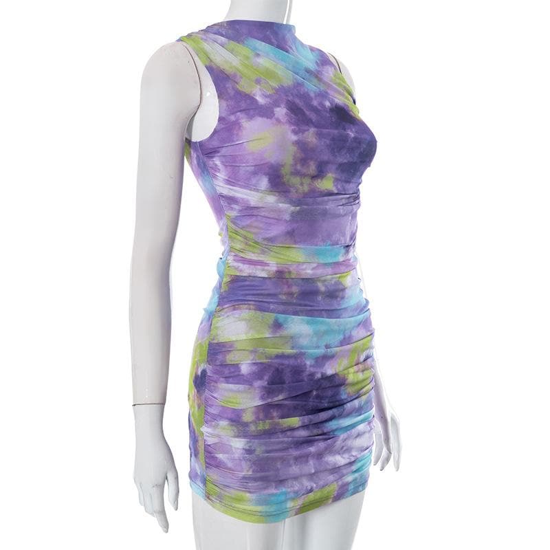 Ruched tie dye sleeveless crewneck mesh mini dress - Final Sale - View 8