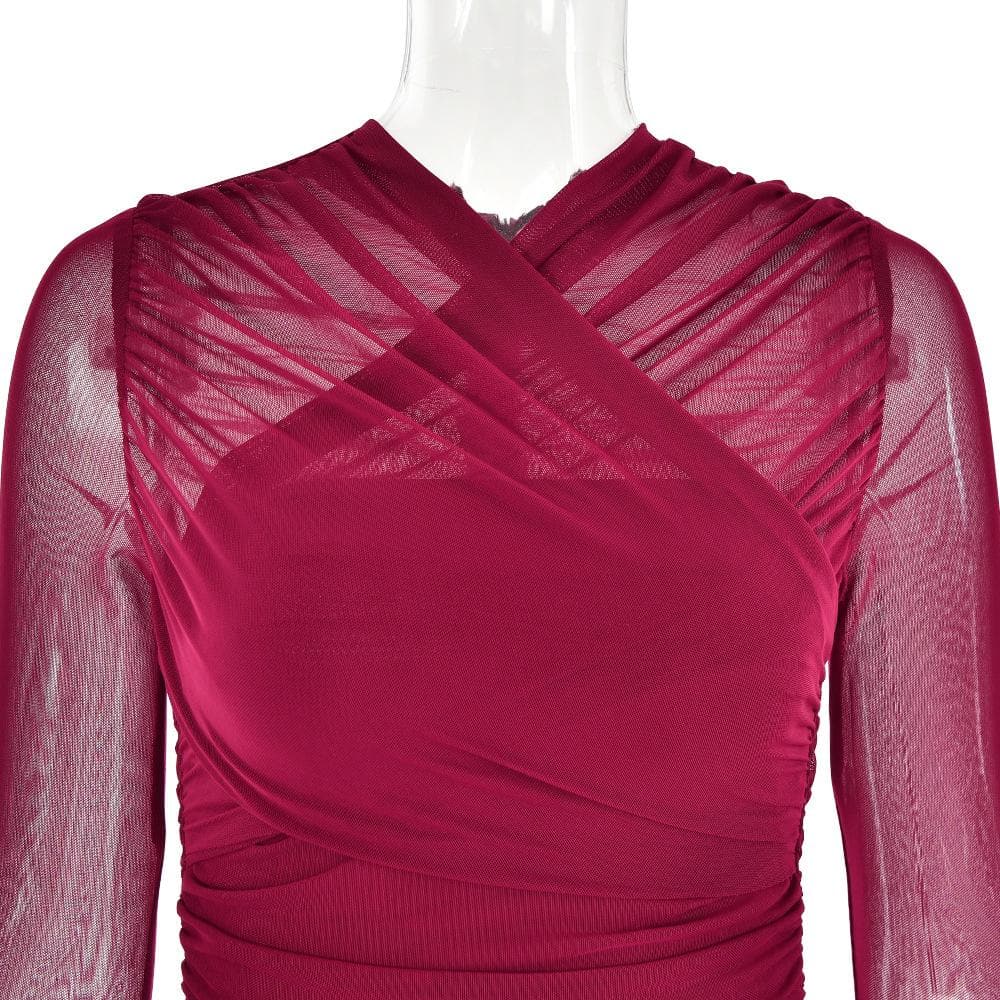 Cross Front Mesh Ruched Long Sleeve Mini Dress - View 8