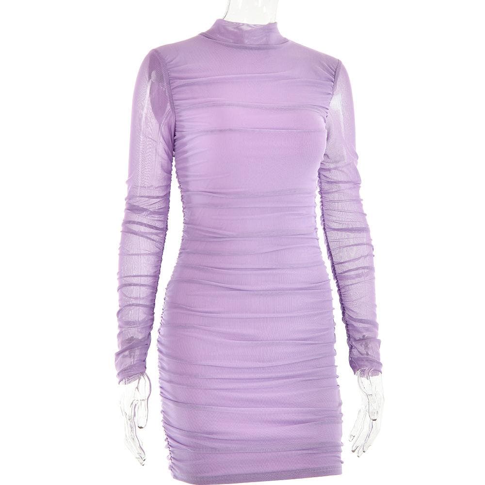 Mesh ruched zip-up long sleeve solid high neck mini dress - View 3