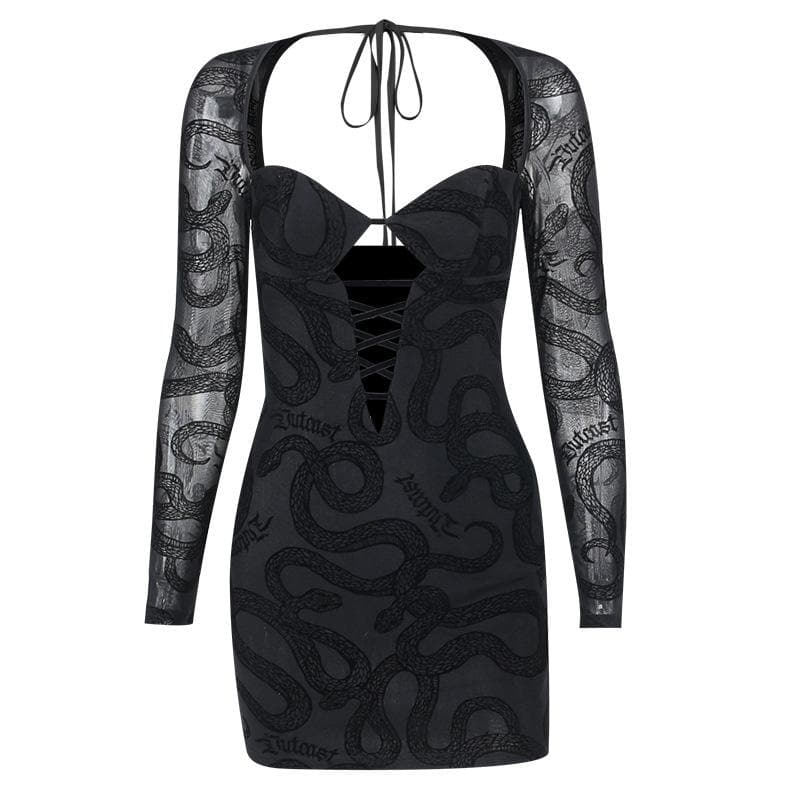 Mesh self tie long sleeve solid lace up mini dress - View 2