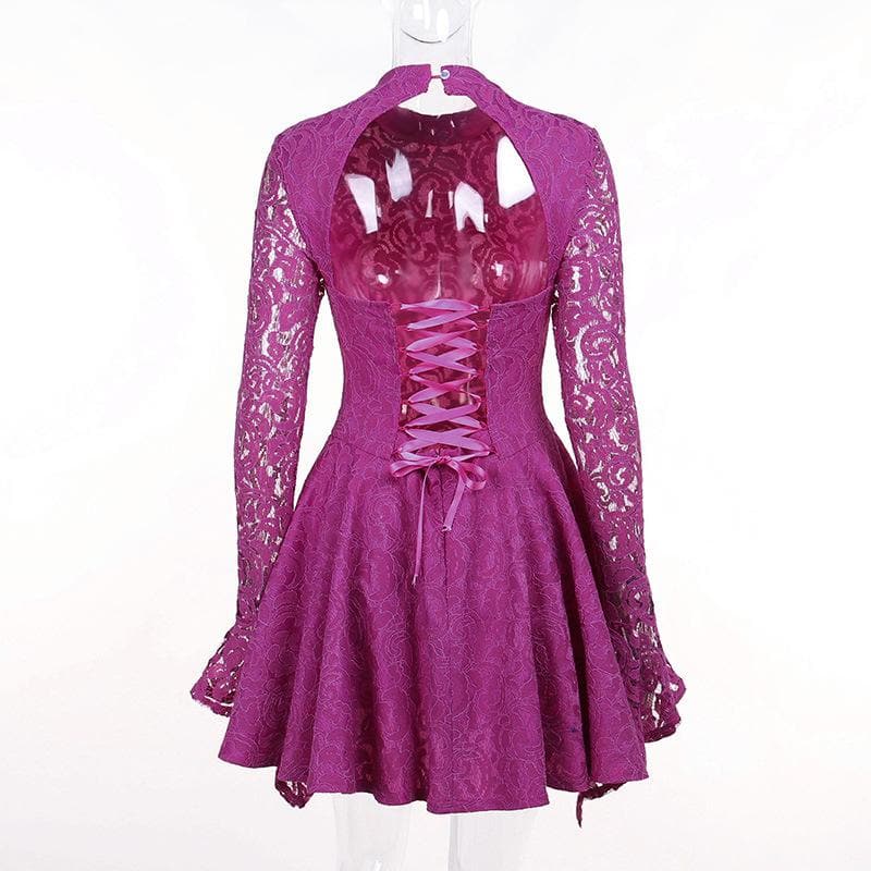 Lace hem long sleeve zip-up lace up backless solid ruffle mini dress - View 3