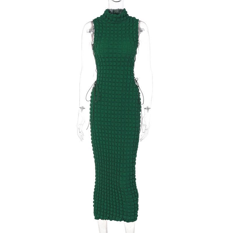 High neck lace up side solid waffle sleeveless midi dress - View 2