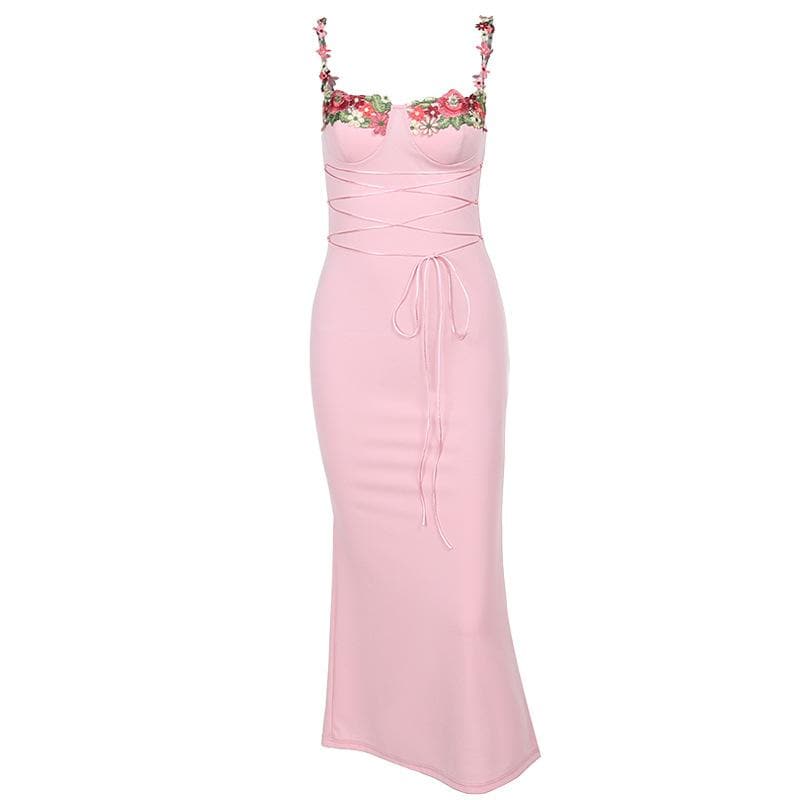 Floral Embroidery Sweetheart Lace Up Mermaid Maxi Dress - View 2