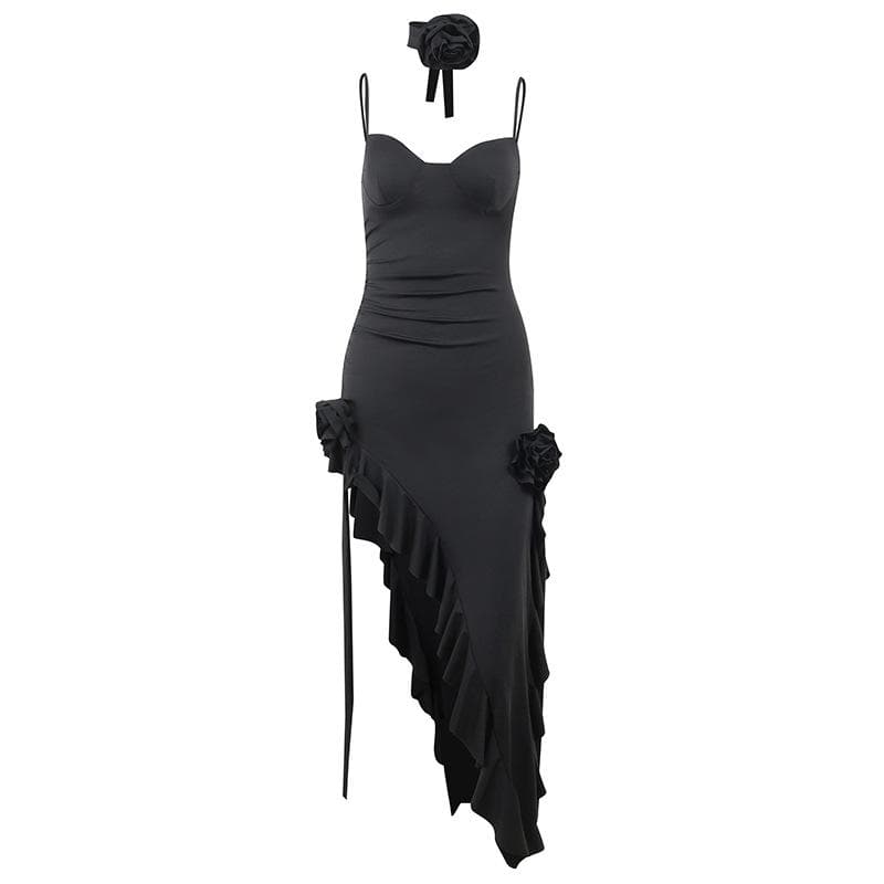 Spaghetti Strap Sweetheart Bustier Ruffle High Split Maxi Dress - View 3