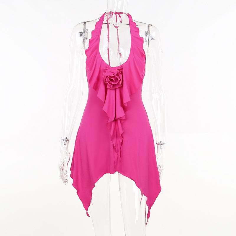 Halter Neck Flower Applique Ruffle Handkerchief Hem Mini Dress - View 4