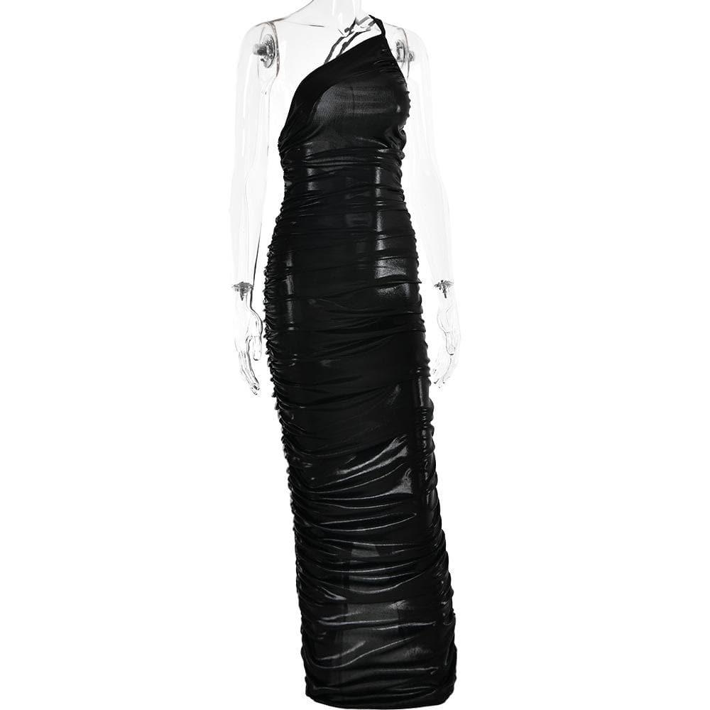 Metallic one shoulder solid ruched zip-up maxi dress - View 5