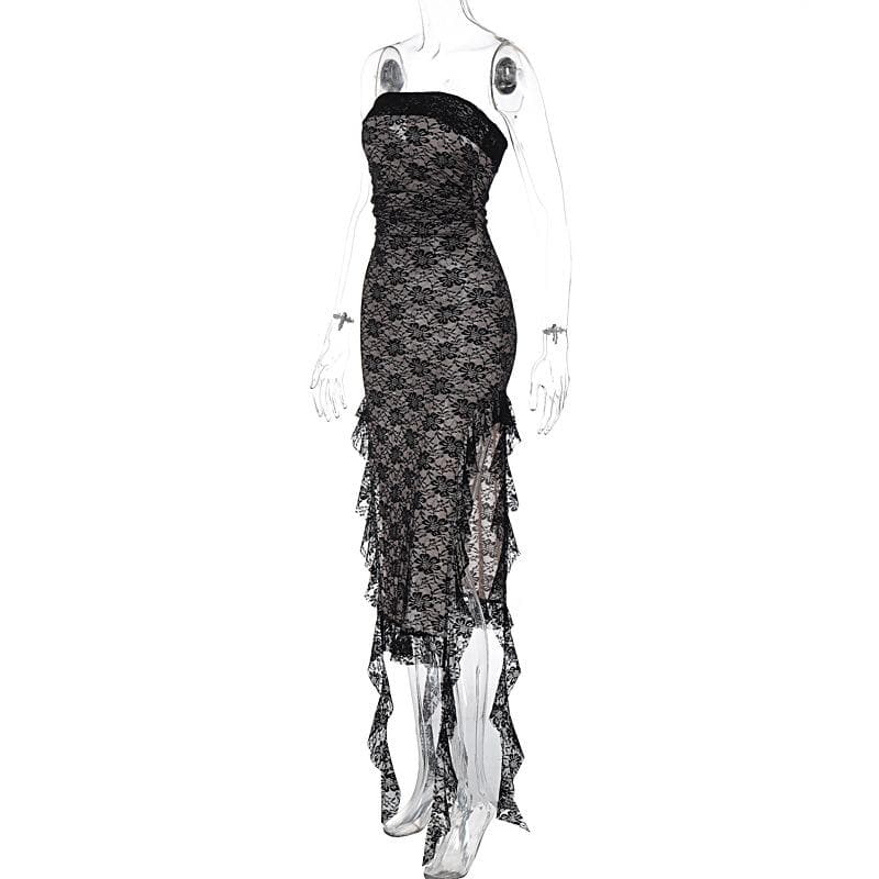 Lace ruffle slit backless ribbon contrast tube midi dress - View 7