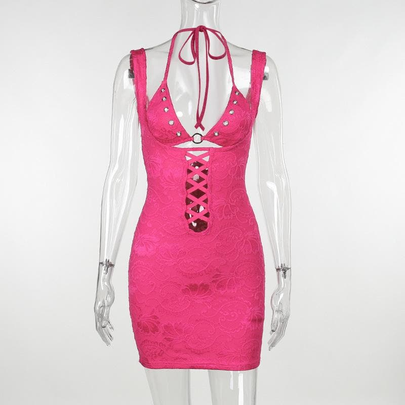 Jacquard Halter Neck Lace Up Cut Out Bodycon Mini Dress - View 2