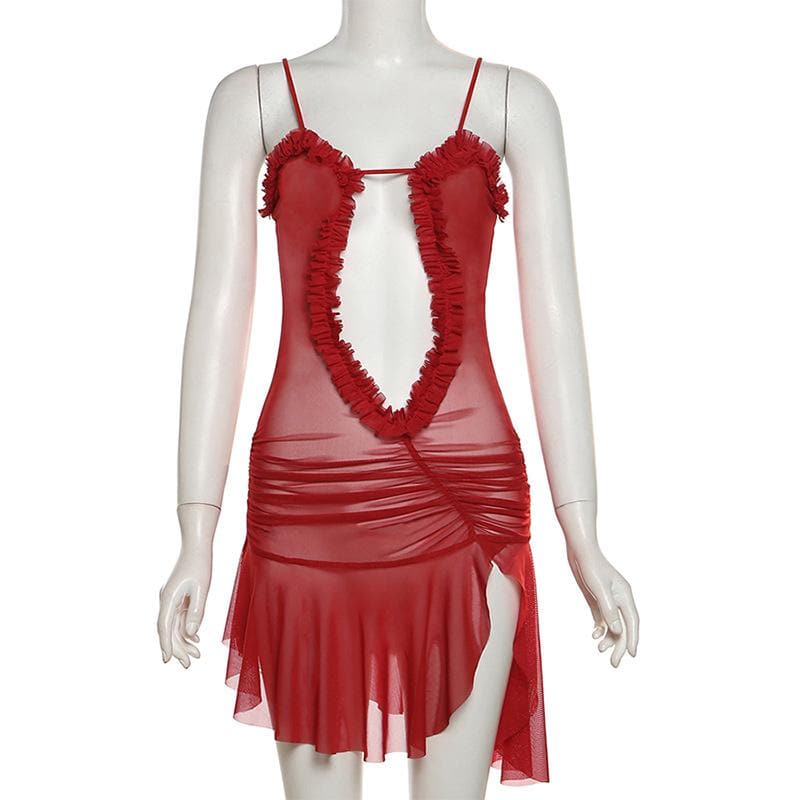 Ruched ruffle slit sheer mesh hollow out cami mini dress - View 5