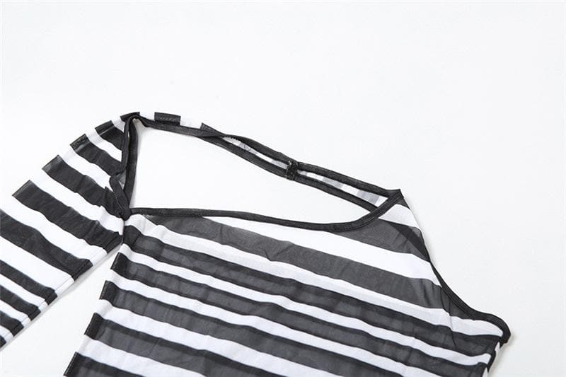 Irregular sheer mesh see through one shoulder striped mini dress - View 5
