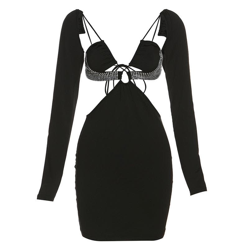 Long sleeve hollow out solid beaded backless self tie mini dress - View 2