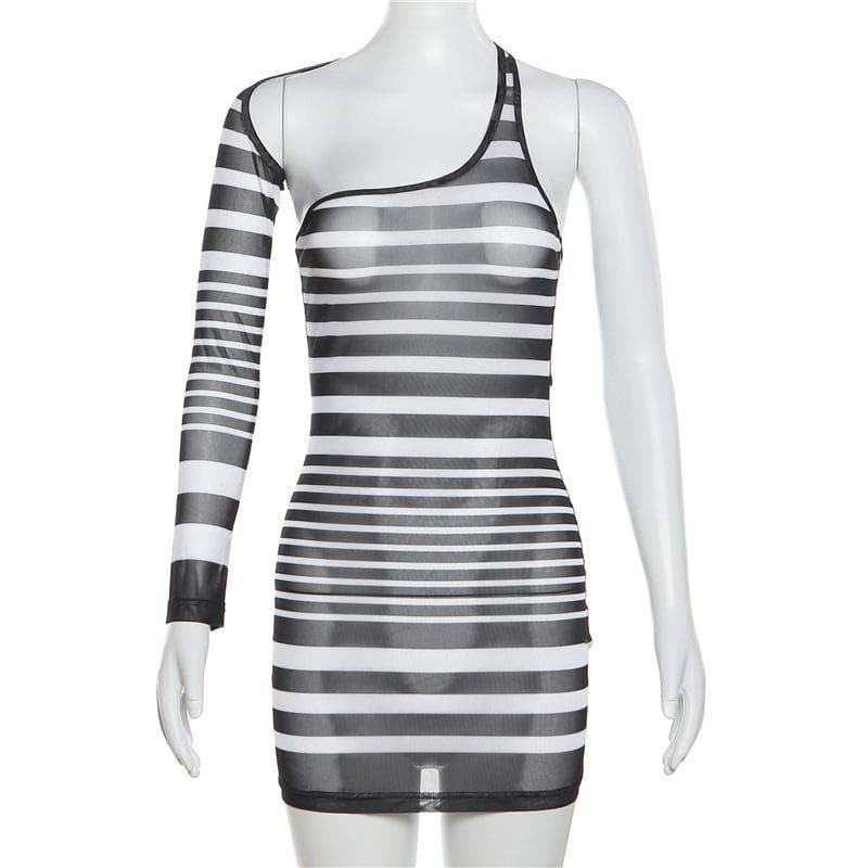 Irregular sheer mesh see through one shoulder striped mini dress - View 8