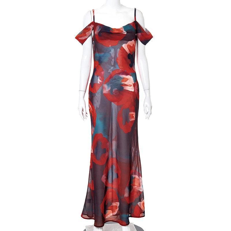 Off shoulder see through chiffon print maxi dress - View 8