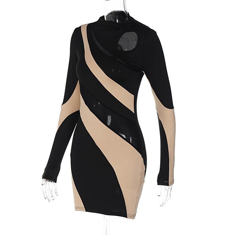 Long sleeve mesh contrast patchwork hollow out mini dress - View 10