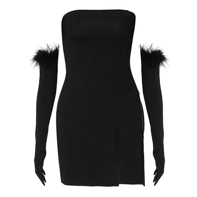 Feather solid slit backless gloves tube mini dress - View 9