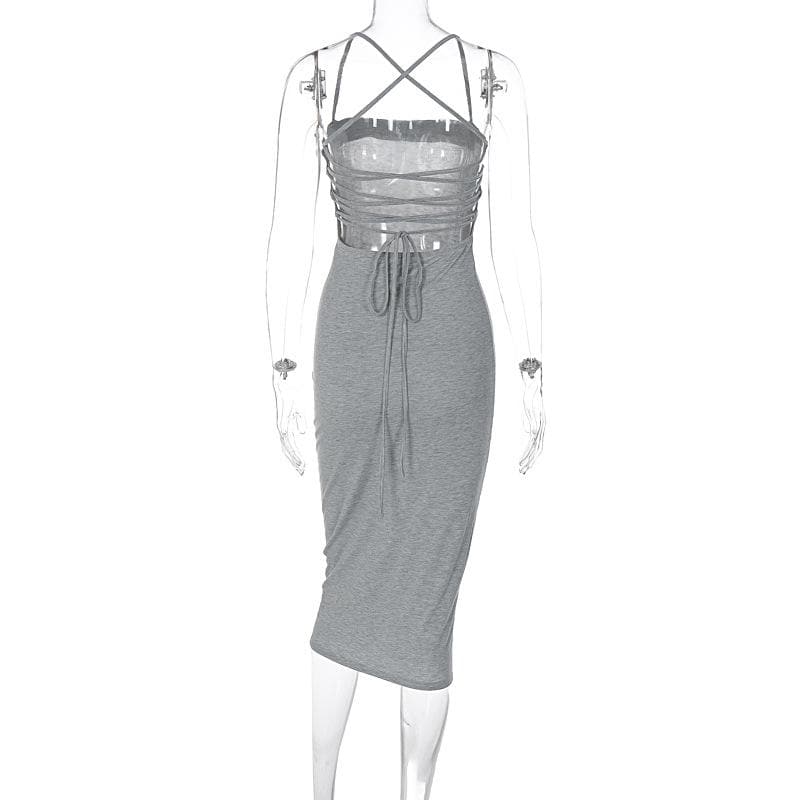 Cross back lace up self tie backless solid square neck midi dress - View 5