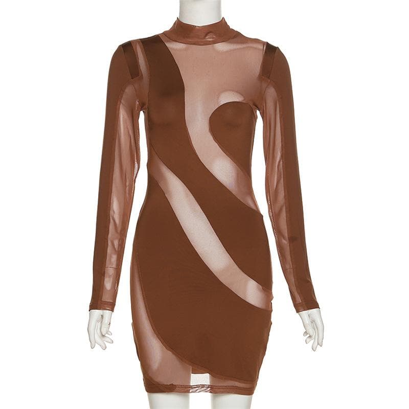 Long sleeve irregular high neck solid mesh mini dress - View 2