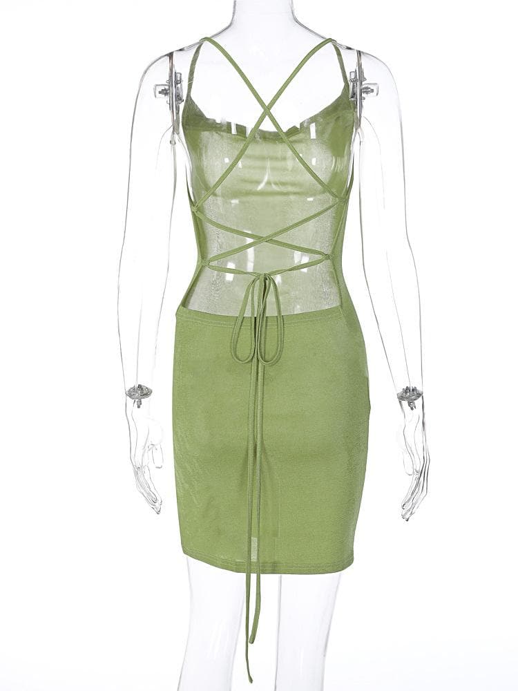 Cowl neck cross back solid slit lace up backless mini dress - View 9
