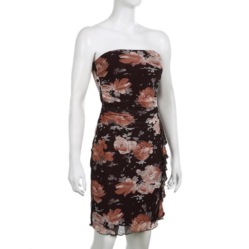 Floral Print Mesh Strapless Ruched Ruffle Bodycon Mini Dress - View 3
