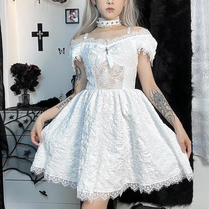 Hollow out off shoulder short sleeve cross applique mini dress - View 3