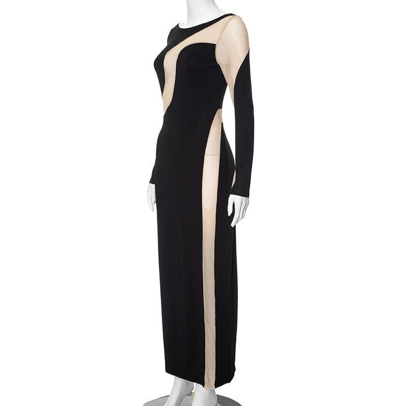 Mesh patchwork contrast irregular long sleeve maxi dress - View 7