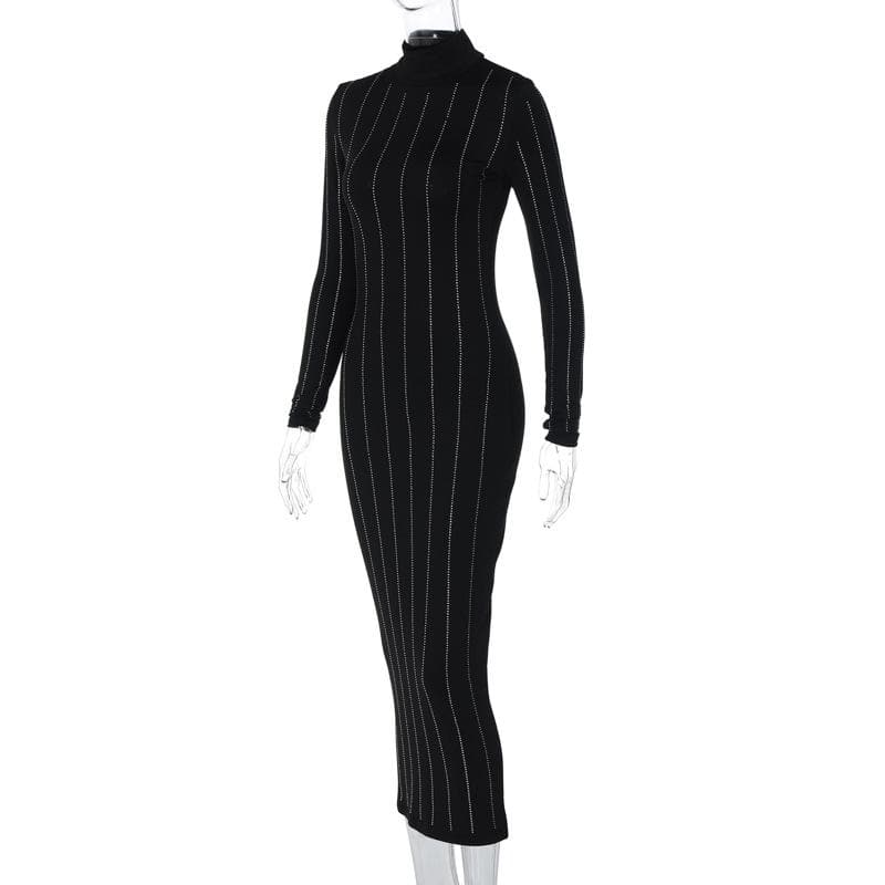Long sleeve high neck beaded solid midi dress - View 5
