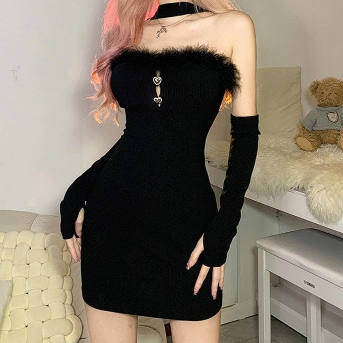Knit Off Shoulder Feather Trim Long Sleeve Bodycon Mini Dress