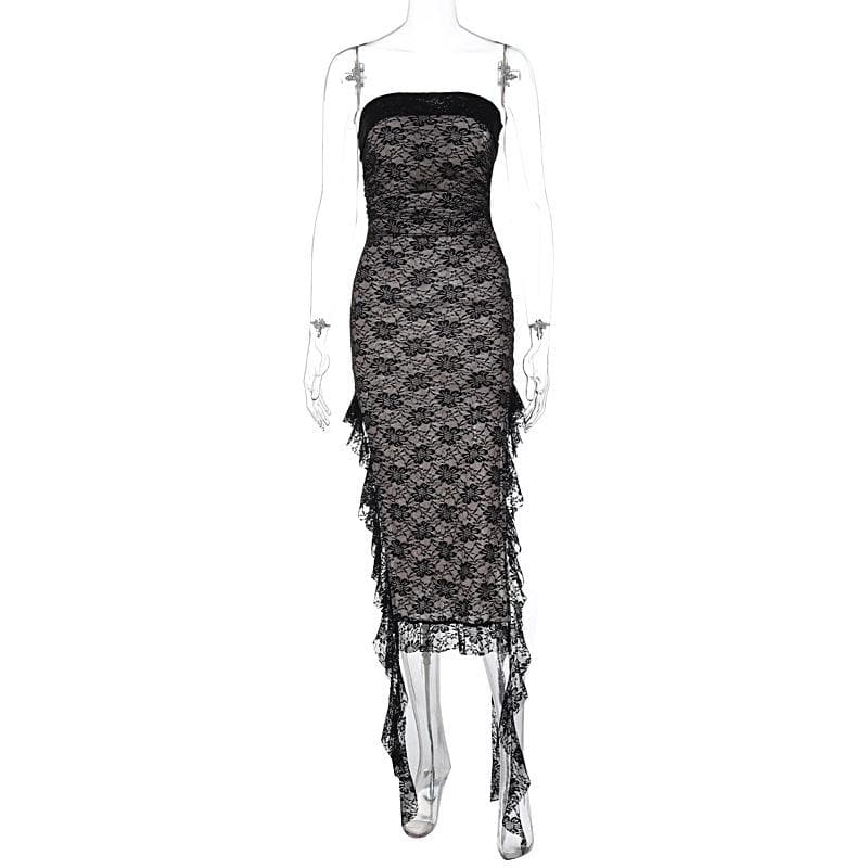 Lace ruffle slit backless ribbon contrast tube midi dress - View 2