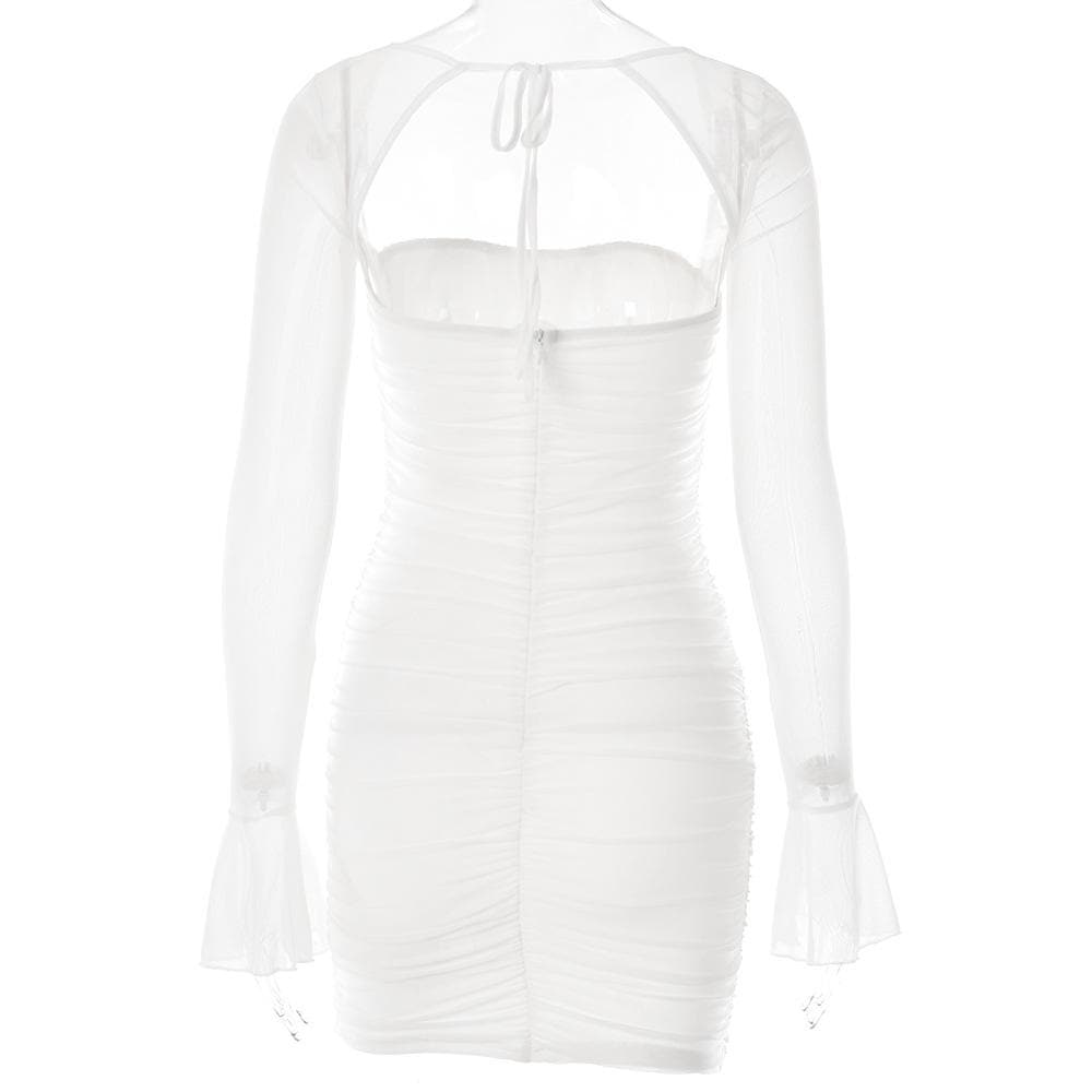 Mesh flared sleeve solid ruched zip-up lace up mini dress - View 5