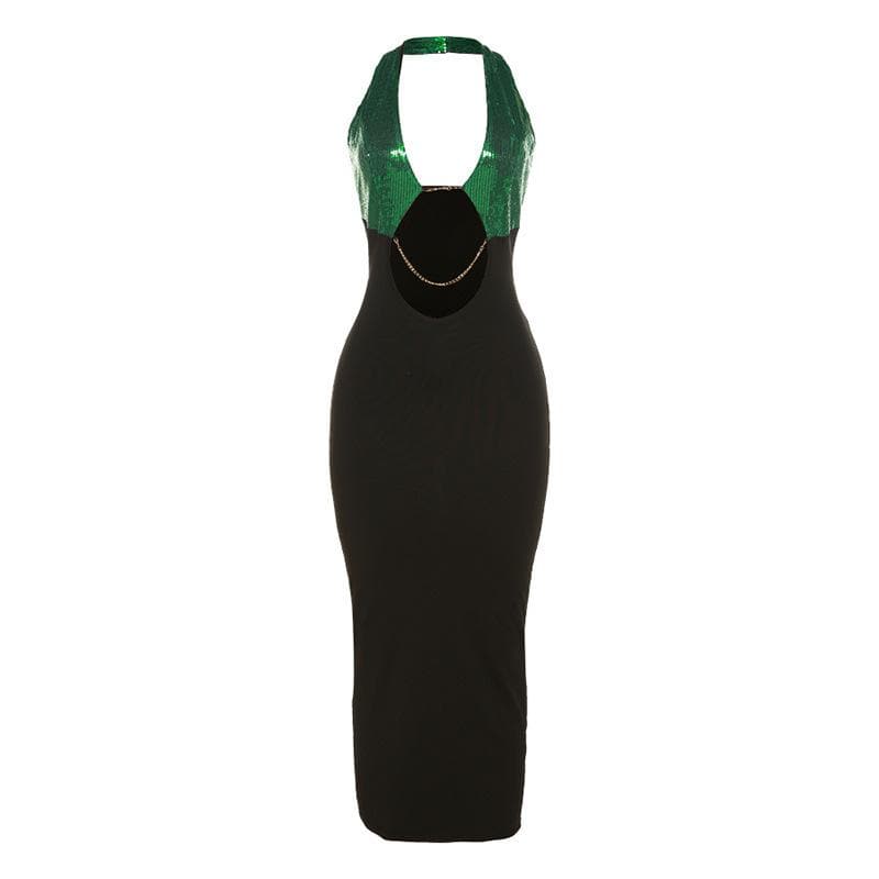 Sequin Halter Neck Cut Out Chain Bodycon Midi Dress