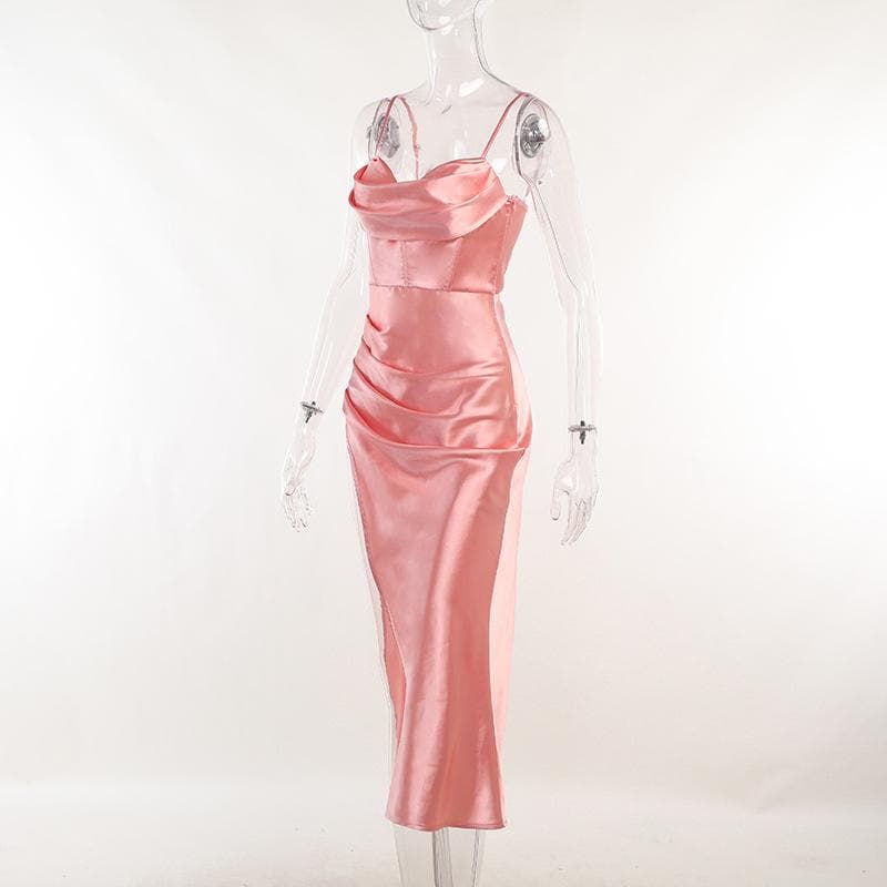 Sleeveless solid satin cowl neck slit backless zip-up cami dress - View 3