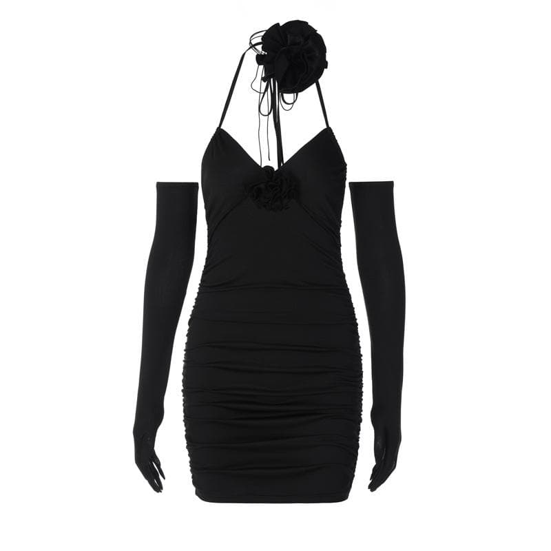 3D Flower Halter Neck Ruched Bodycon Mini Dress - View 2