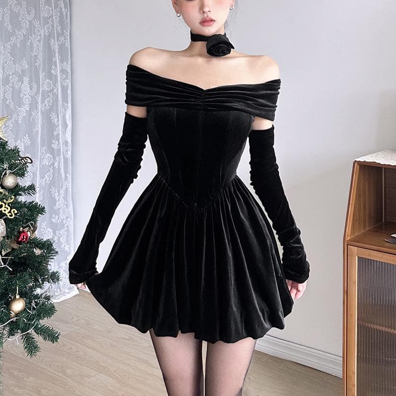 Velvet ruched zip-up off shoulder long sleeve solid mini dress - View 3