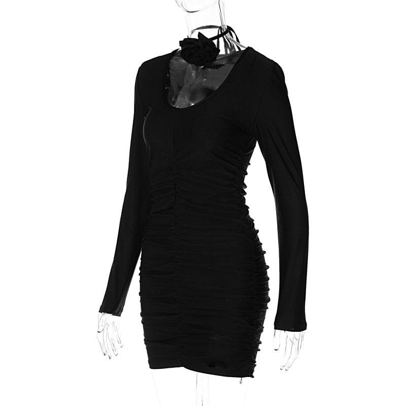 Scoop Neck Long Sleeve Ruched Rosette Bodycon Mini Dress - View 3