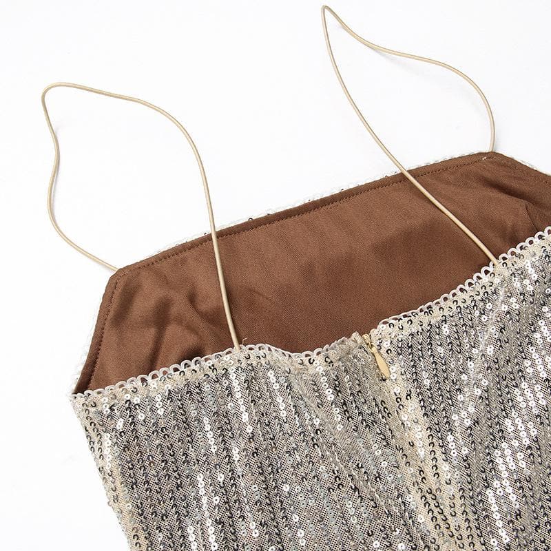 Glitter spaghetti strap zip-up slit backless midi dress - View 5
