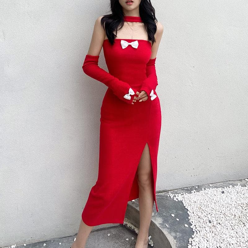 Knit Off Shoulder Long Sleeve High Split Bodycon Midi Dress - View 8