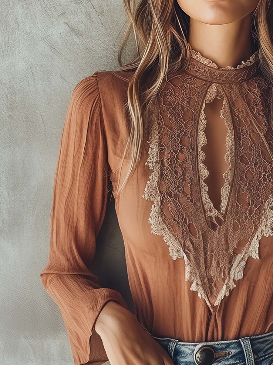 Elegant Keyhole Lace-Accent Blouse in Warm Cinnamon - Fashionpara
