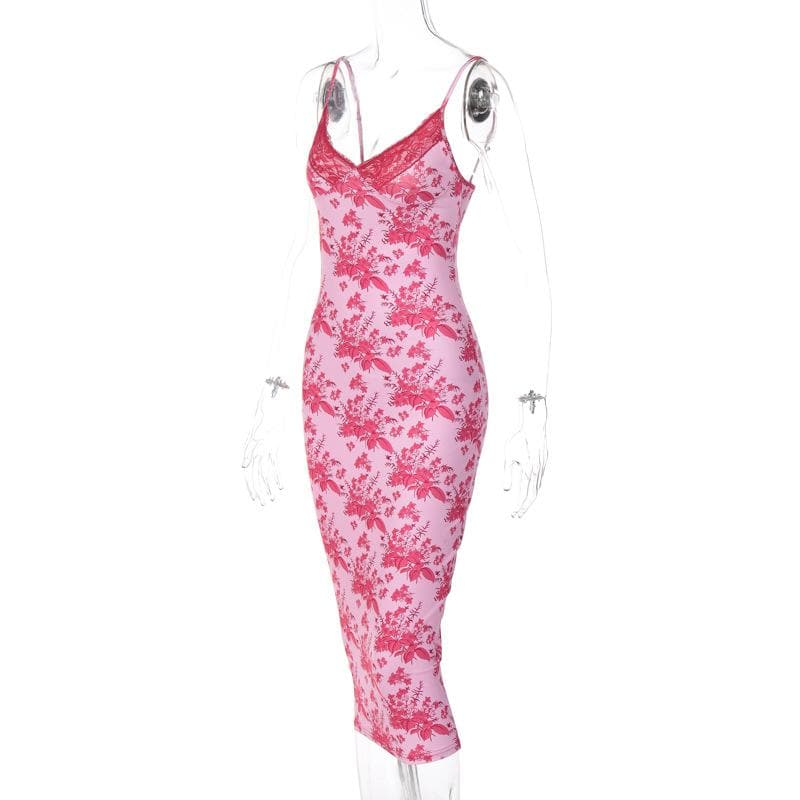 Floral Print Lace Trim V-Neck Spaghetti Strap Bodycon Midi Dress - View 4