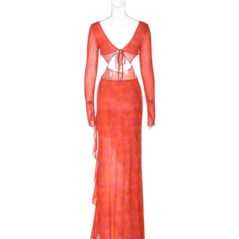Long sleeve solid mesh slit v neck ruffle hollow out maxi dress - View 4