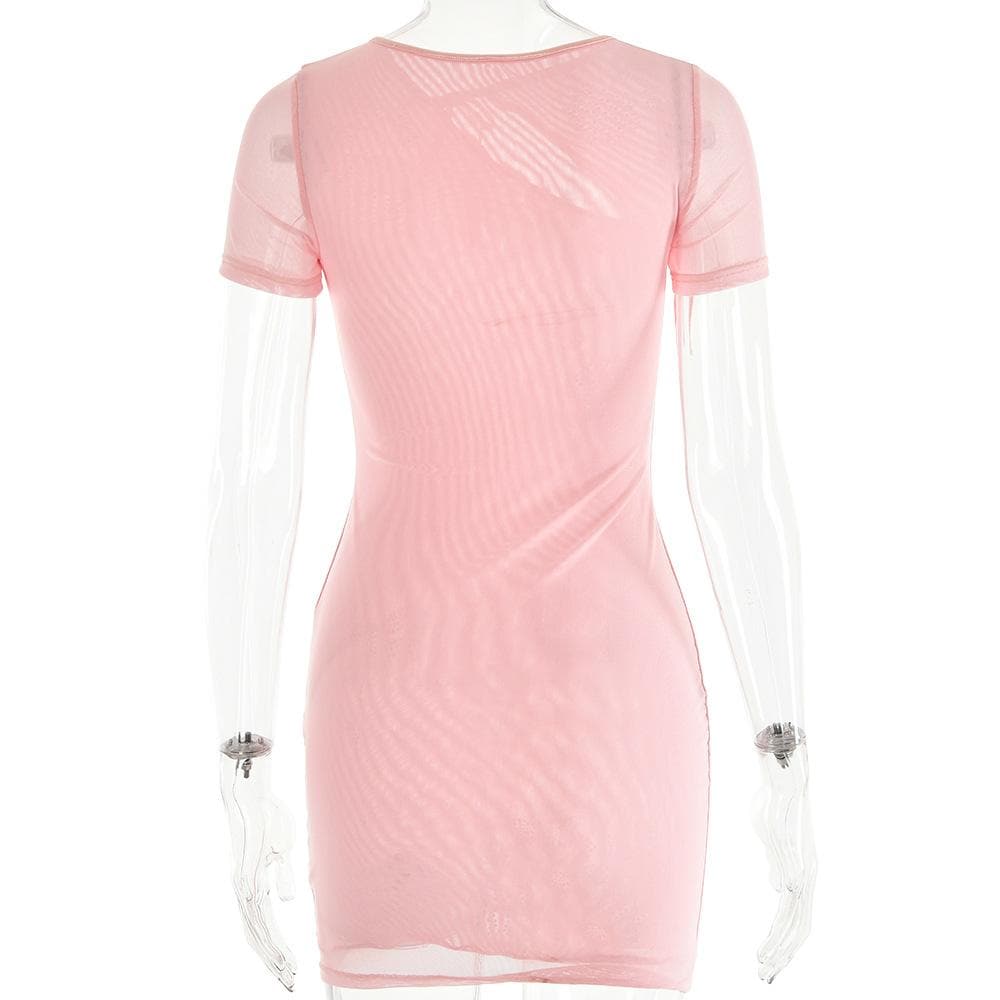 Beaded sheer mesh see through self tie short sleeve mini dress - View 4