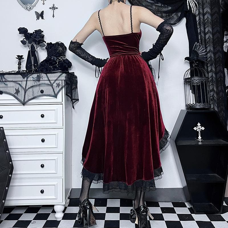 Velvet lace hem ruched lace up backless irregular midi dress - View 6